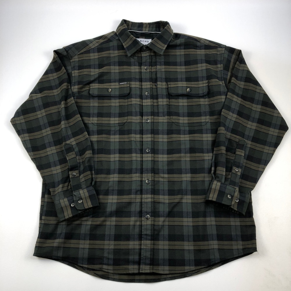 Poncho Outdoors Tech Shirt Mens L Regular Fit Dark Green Plaid Magnetic Pockets